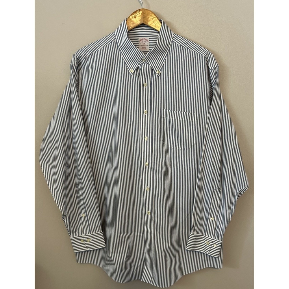 Brooks Brothers Shirt Mens XL 17-4/5 Blue White Stripe Non-Iron Button Up Office